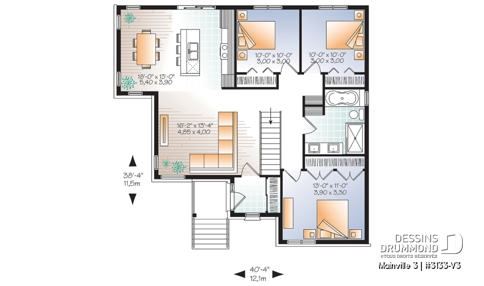 Rez-de-chaussée - Plan de maison contemporaine 3 chambres au même plancher, grand îlot, vestibule et air ouverte - Mainville 3
