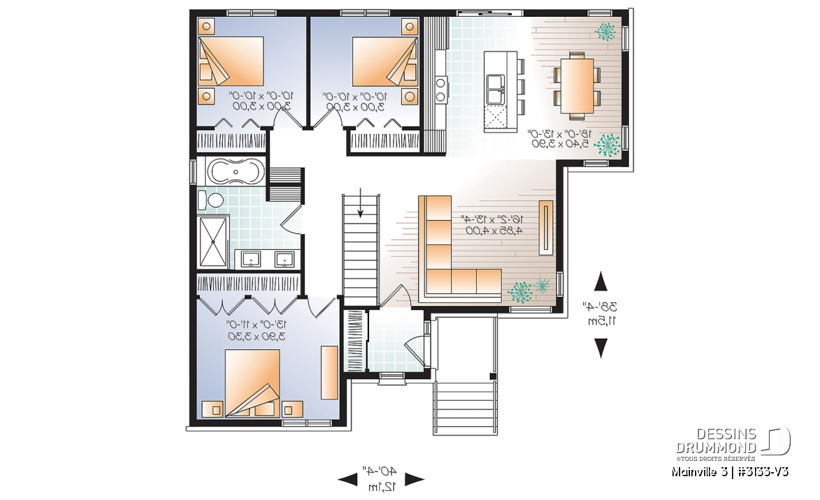 Rez-de-chaussée - Plan de maison contemporaine 3 chambres au même plancher, grand îlot, vestibule et air ouverte - Mainville 3