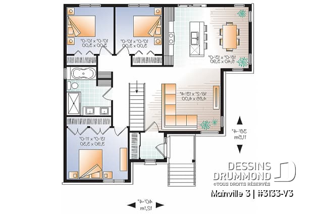 Rez-de-chaussée - Plan de maison contemporaine 3 chambres au même plancher, grand îlot, vestibule et air ouverte - Mainville 3