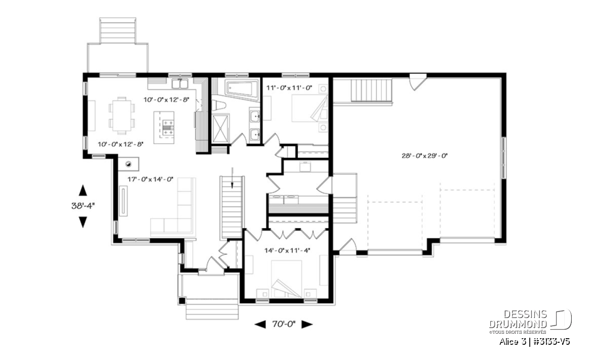 Rez-de-chaussée - Plan de maison de plain-pied 2 chambres, garage double, buanderie au rez-de-chaussée, foyer - Alice 3
