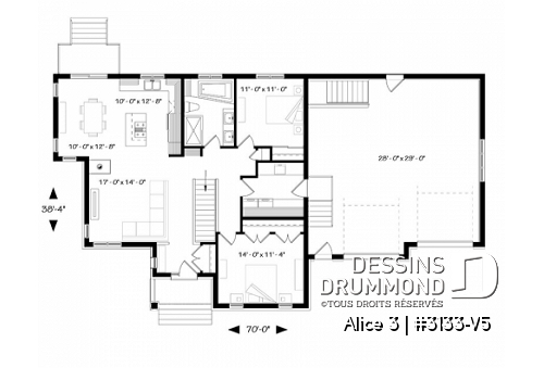 Rez-de-chaussée - Plan de maison de plain-pied 2 chambres, garage double, buanderie au rez-de-chaussée, foyer - Alice 3