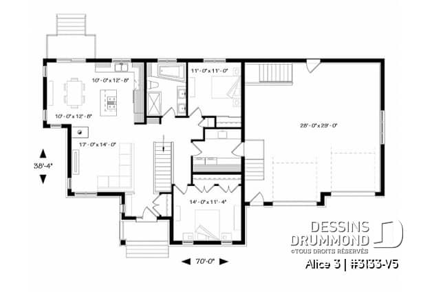 Rez-de-chaussée - Plan de maison de plain-pied 2 chambres, garage double, buanderie au rez-de-chaussée, foyer - Alice 3