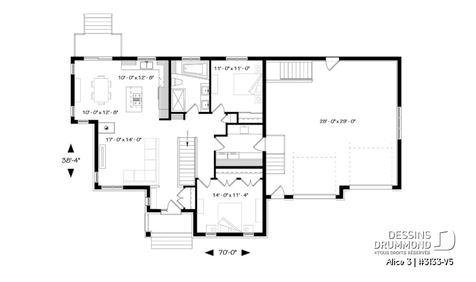 Rez-de-chaussée - Plan de maison de plain-pied 2 chambres, garage double, buanderie au rez-de-chaussée, foyer - Alice 3