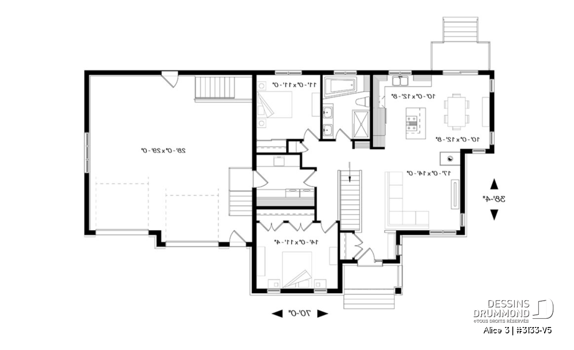 Rez-de-chaussée - Plan de maison de plain-pied 2 chambres, garage double, buanderie au rez-de-chaussée, foyer - Alice 3