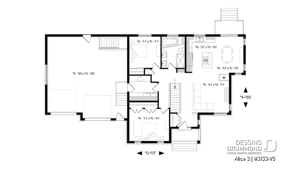 Rez-de-chaussée - Plan de maison de plain-pied 2 chambres, garage double, buanderie au rez-de-chaussée, foyer - Alice 3