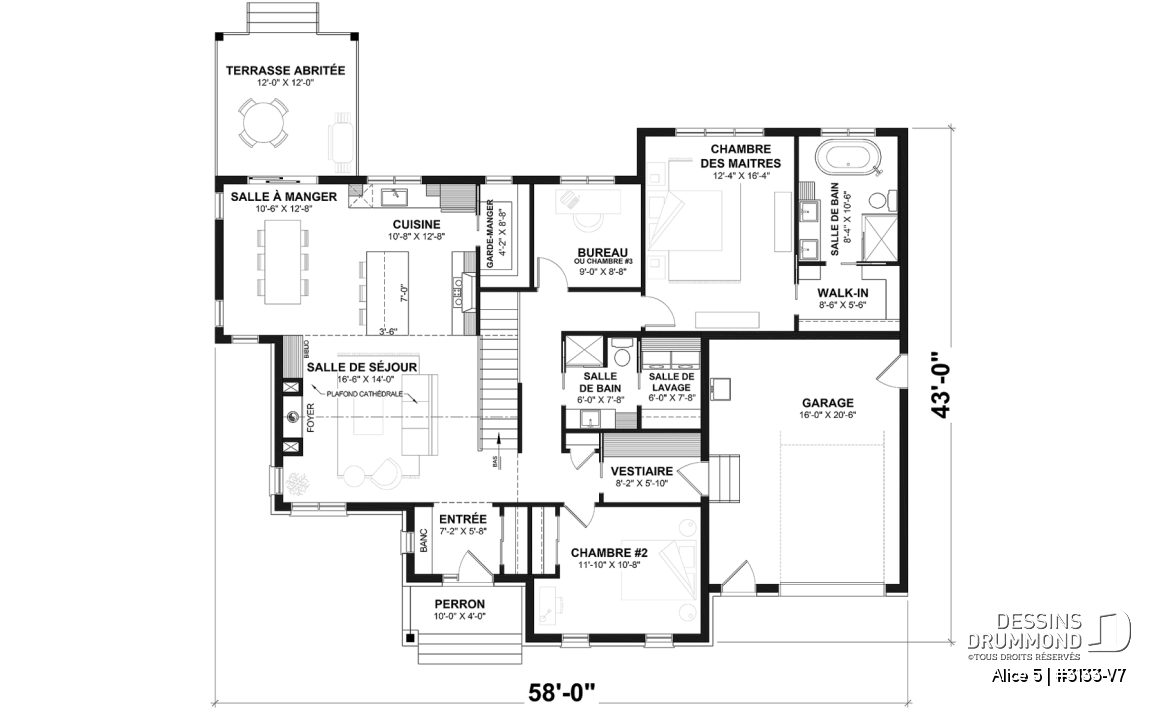 Rez-de-chaussée - Plan de maison plain-pied farmhouse moderne avec garage, 2 chambres, bureau et grande terrasse abritée. - Alice 5