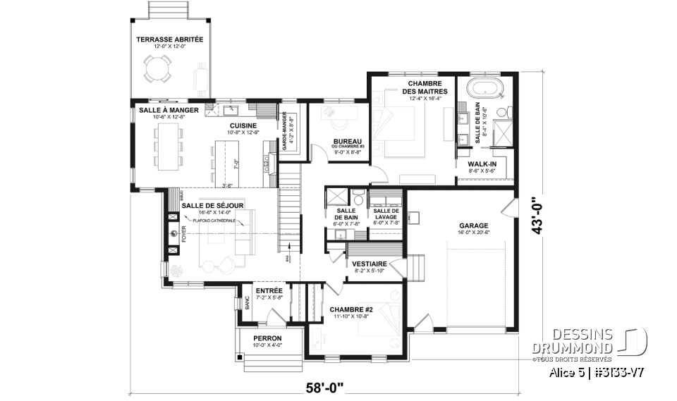 Rez-de-chaussée - Plan de maison plain-pied farmhouse moderne avec garage, 2 chambres, bureau et grande terrasse abritée. - Alice 5