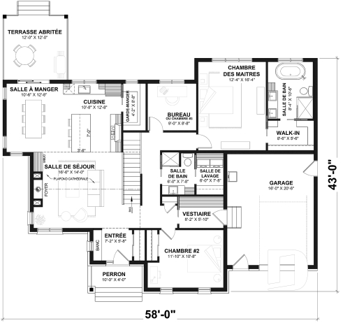 Rez-de-chaussée - Plan de maison plain-pied farmhouse moderne avec garage, 2 chambres, bureau et grande terrasse abritée. - Alice 5