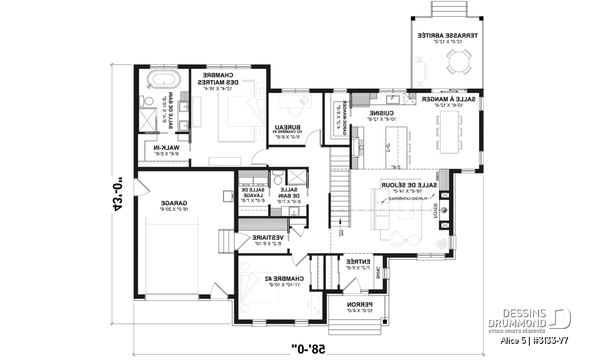 Rez-de-chaussée - Plan de maison plain-pied farmhouse moderne avec garage, 2 chambres, bureau et grande terrasse abritée. - Alice 5