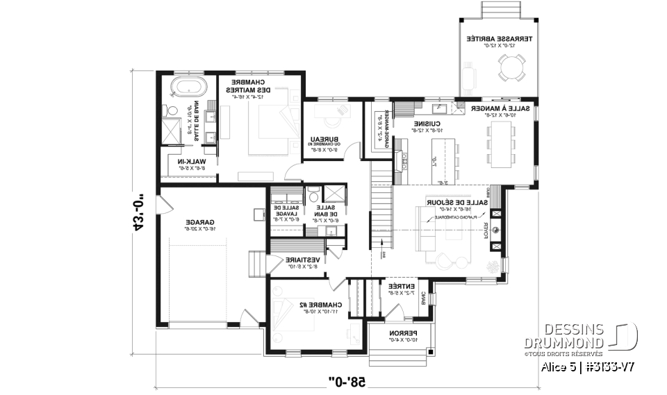Rez-de-chaussée - Plan de maison plain-pied farmhouse moderne avec garage, 2 chambres, bureau et grande terrasse abritée. - Alice 5