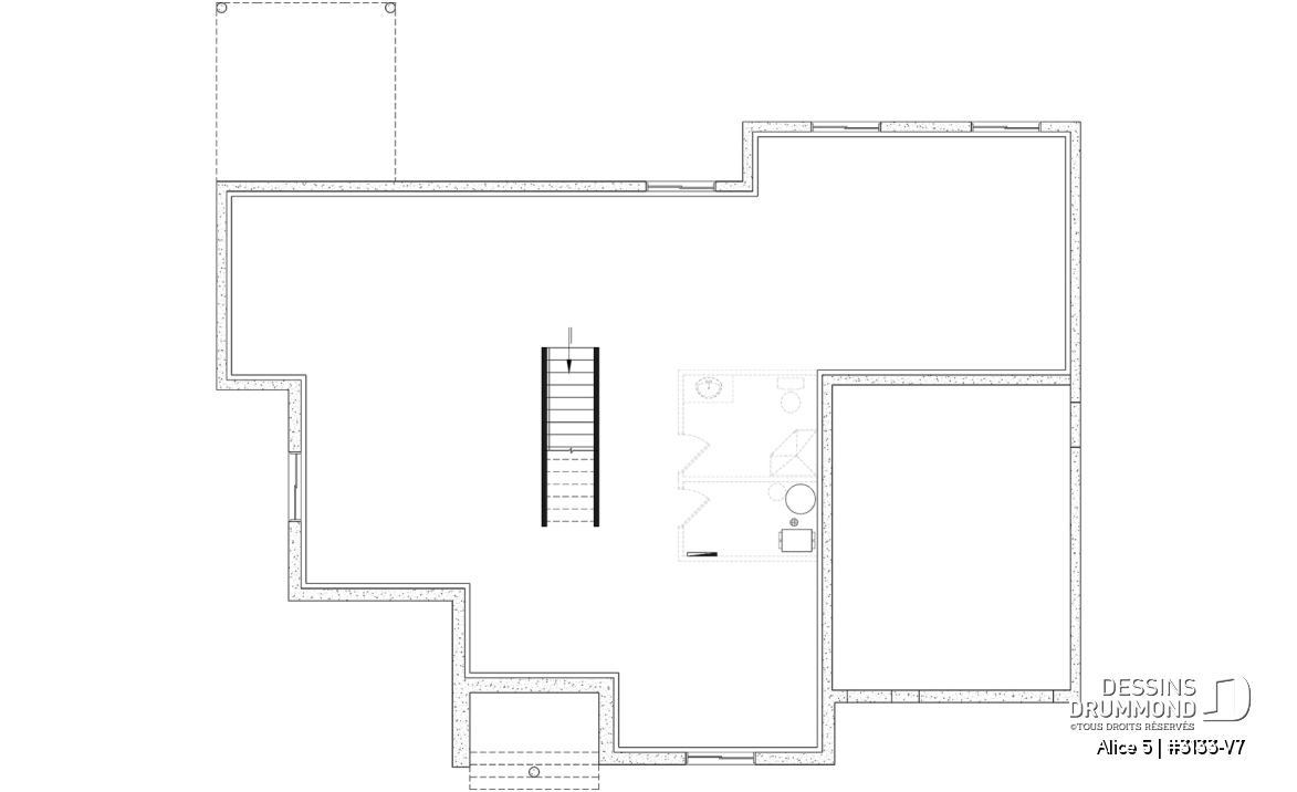 Sous-sol aménageable - Plan de maison plain-pied farmhouse moderne avec garage, 2 chambres, bureau et grande terrasse abritée. - Alice 5