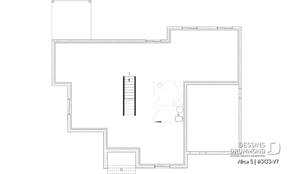 Sous-sol aménageable - Plan de maison plain-pied farmhouse moderne avec garage, 2 chambres, bureau et grande terrasse abritée. - Alice 5