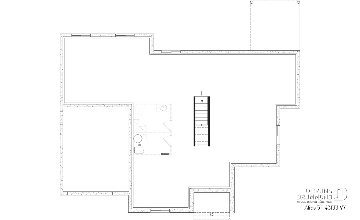 Sous-sol aménageable - Plan de maison plain-pied farmhouse moderne avec garage, 2 chambres, bureau et grande terrasse abritée. - Alice 5