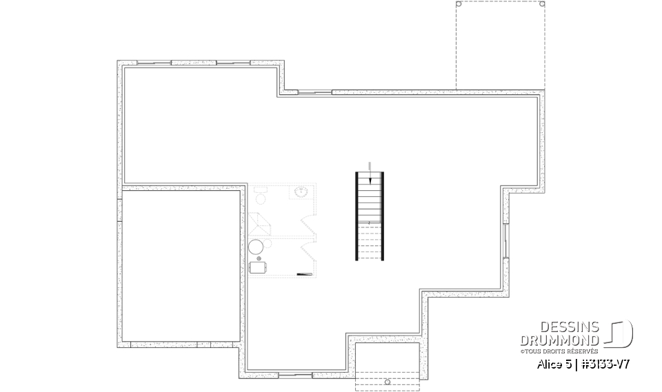 Sous-sol aménageable - Plan de maison plain-pied farmhouse moderne avec garage, 2 chambres, bureau et grande terrasse abritée. - Alice 5
