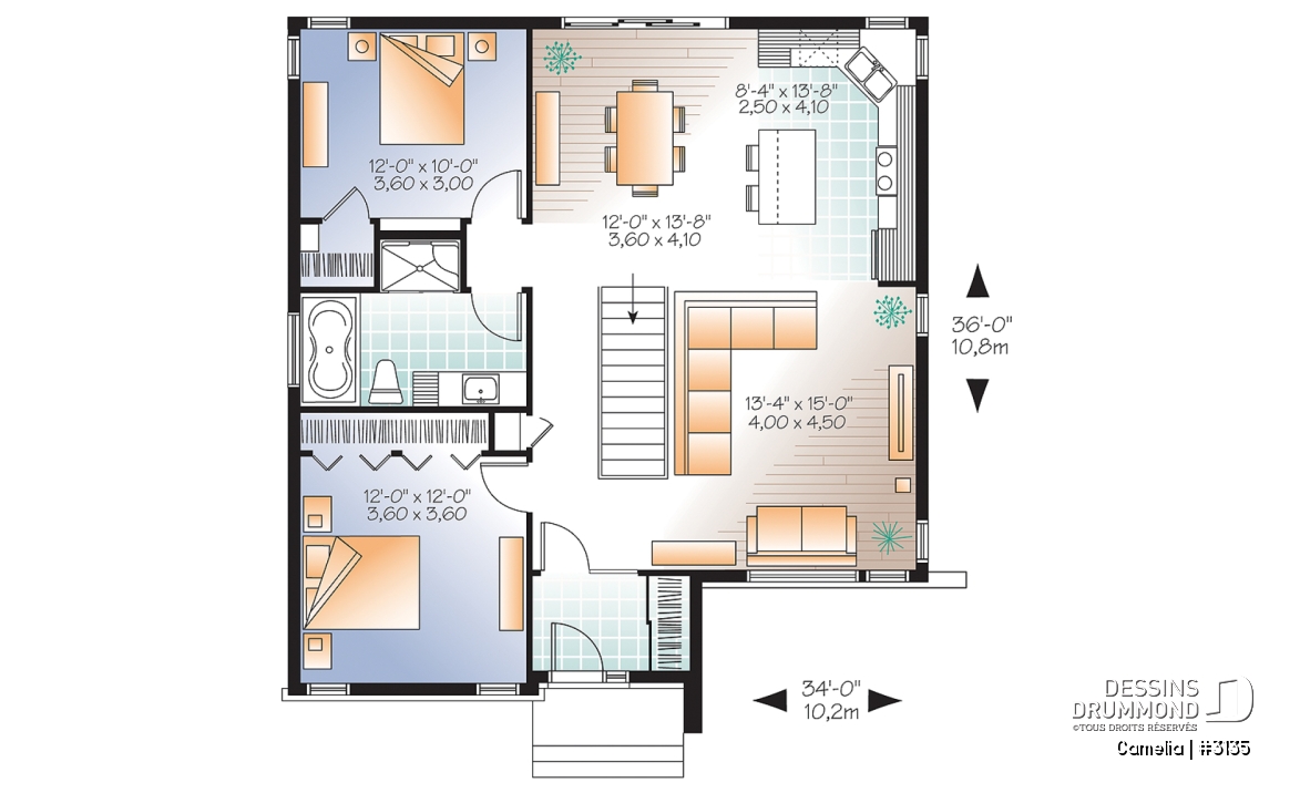 Rez-de-chaussée - Plan de bungalow moderne, 2 chambres, vestiaire à l'entrée, cuisine avec îlot, grande douche - Camelia