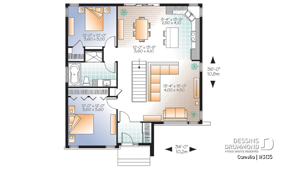 Rez-de-chaussée - Plan de bungalow moderne, 2 chambres, vestiaire à l'entrée, cuisine avec îlot, grande douche - Camelia