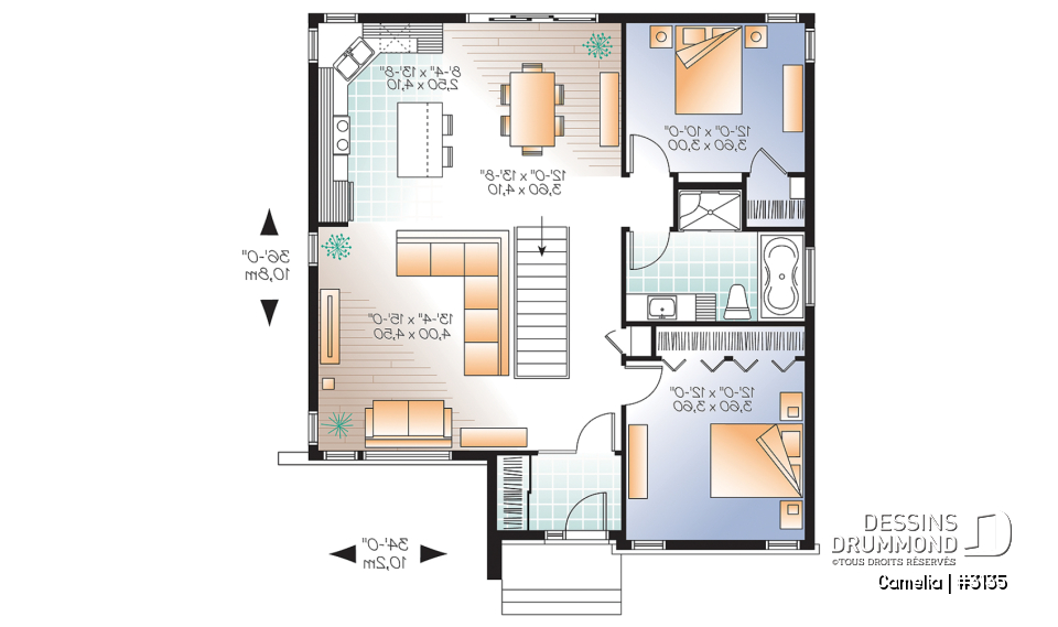 Rez-de-chaussée - Plan de bungalow moderne, 2 chambres, vestiaire à l'entrée, cuisine avec îlot, grande douche - Camelia
