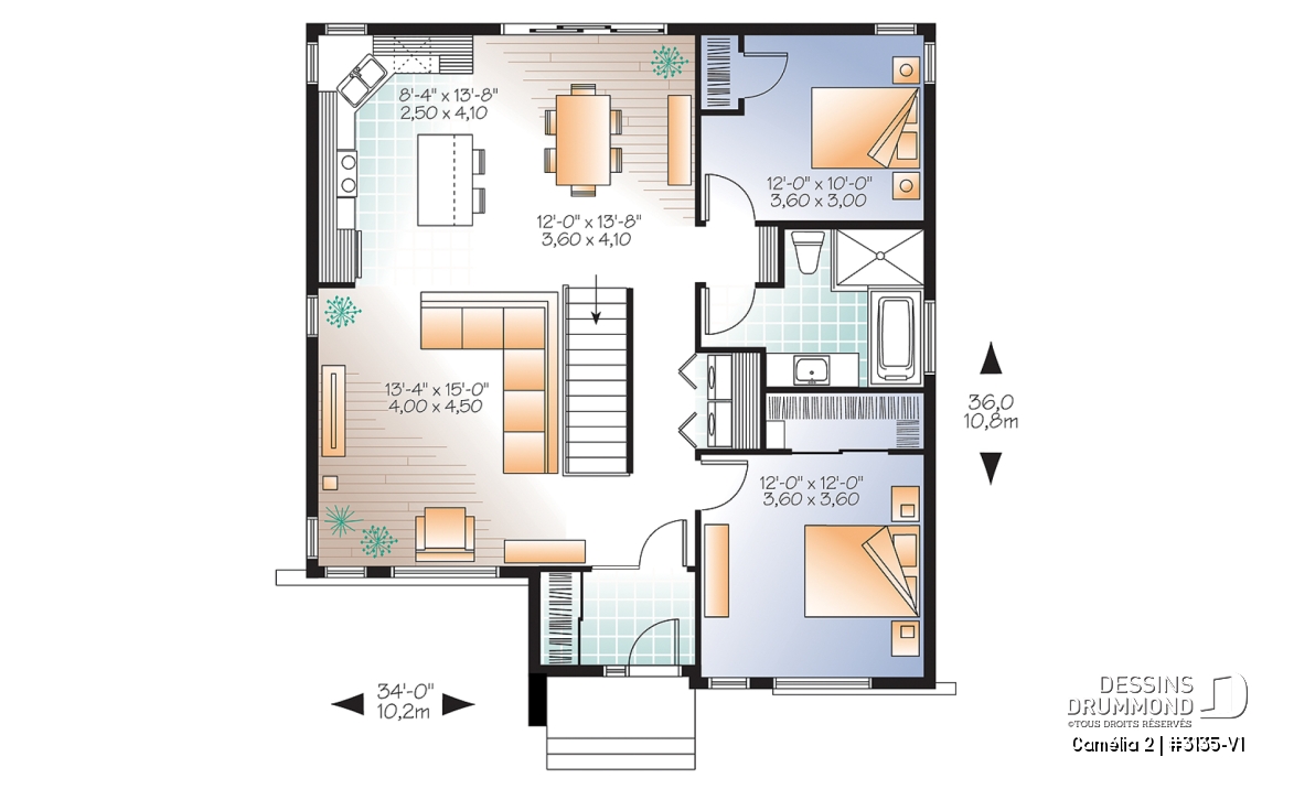 Rez-de-chaussée - Plan de maison moderne 2 chambres, vestibule, îlot à la cuisine, laveuse/sécheuse au rez-de-chaussée - Camélia 2