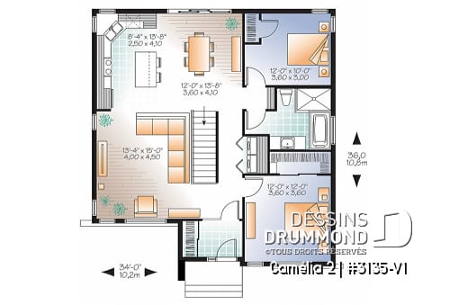 Rez-de-chaussée - Plan de maison moderne 2 chambres, vestibule, îlot à la cuisine, laveuse/sécheuse au rez-de-chaussée - Camélia 2