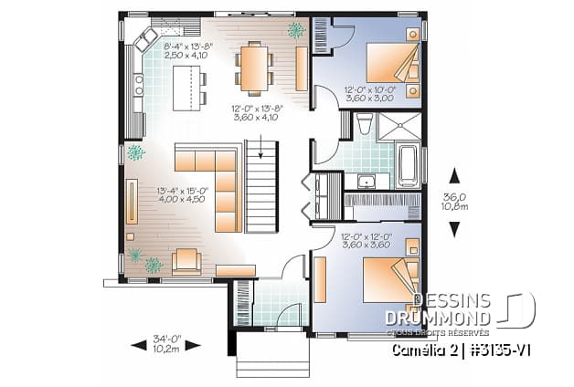 Rez-de-chaussée - Plan de maison moderne 2 chambres, vestibule, îlot à la cuisine, laveuse/sécheuse au rez-de-chaussée - Camélia 2