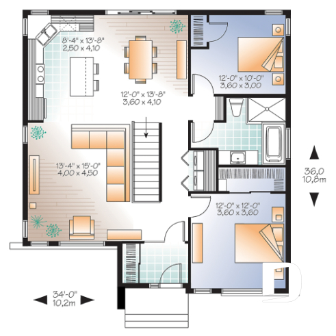 Rez-de-chaussée - Plan de maison moderne 2 chambres, vestibule, îlot à la cuisine, laveuse/sécheuse au rez-de-chaussée - Camélia 2
