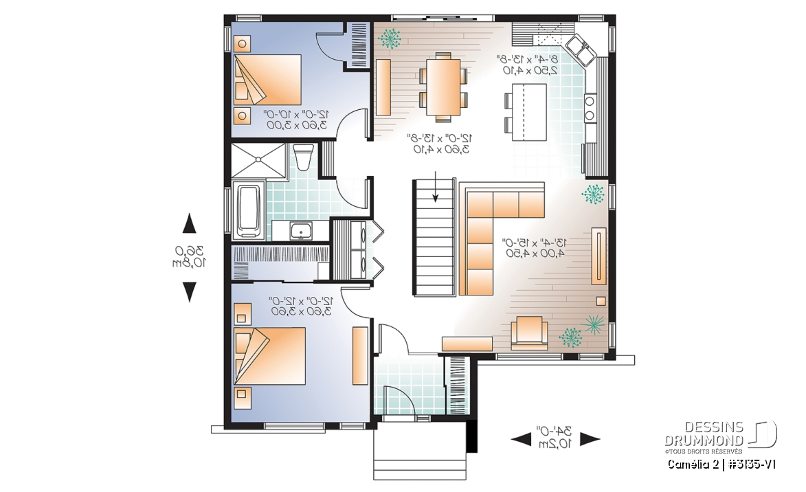 Rez-de-chaussée - Plan de maison moderne 2 chambres, vestibule, îlot à la cuisine, laveuse/sécheuse au rez-de-chaussée - Camélia 2