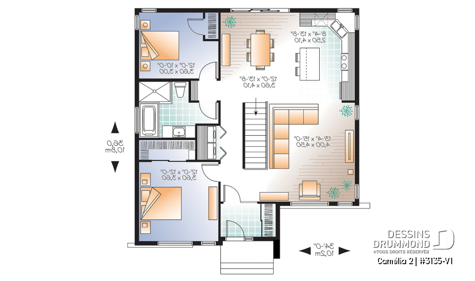 Rez-de-chaussée - Plan de maison moderne 2 chambres, vestibule, îlot à la cuisine, laveuse/sécheuse au rez-de-chaussée - Camélia 2