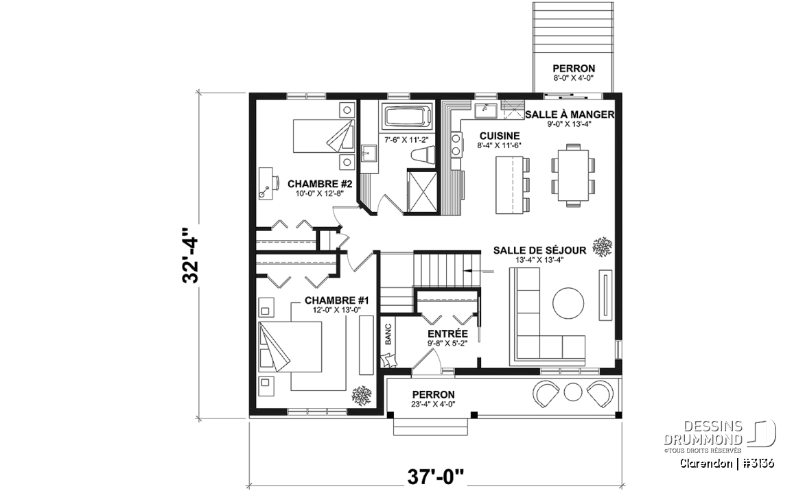 Rez-de-chaussée - Plan de plain-pied moderne rustique économique, 2 chambres, espace famille ouvert, grande douche, vestibule - Clarendon