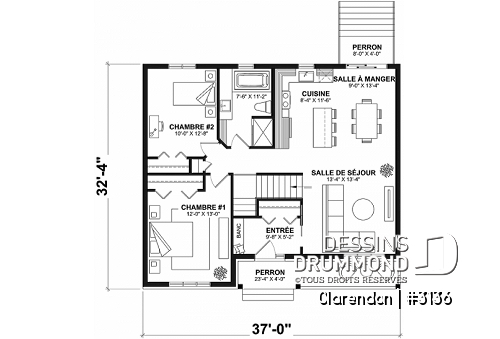 Rez-de-chaussée - Plan de plain-pied moderne rustique économique, 2 chambres, espace famille ouvert, grande douche, vestibule - Clarendon