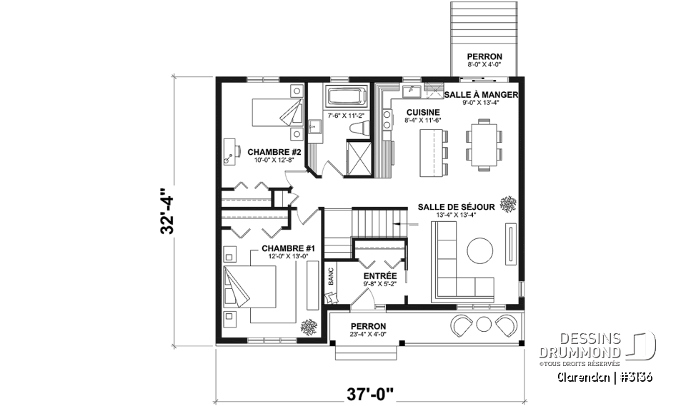 Rez-de-chaussée - Plan de plain-pied moderne rustique économique, 2 chambres, espace famille ouvert, grande douche, vestibule - Clarendon