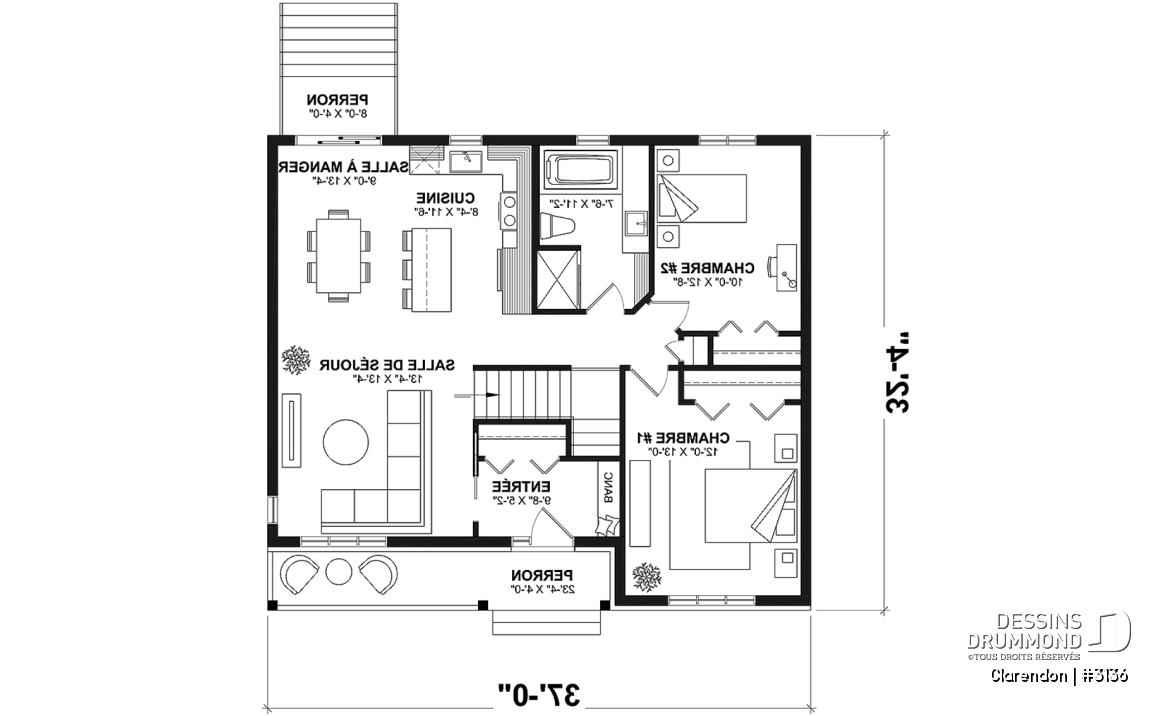 Rez-de-chaussée - Plan de plain-pied moderne rustique économique, 2 chambres, espace famille ouvert, grande douche, vestibule - Clarendon