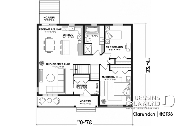 Rez-de-chaussée - Plan de plain-pied moderne rustique économique, 2 chambres, espace famille ouvert, grande douche, vestibule - Clarendon