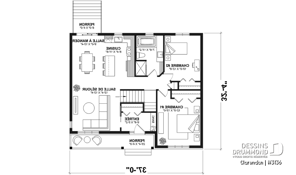 Rez-de-chaussée - Plan de plain-pied moderne rustique économique, 2 chambres, espace famille ouvert, grande douche, vestibule - Clarendon