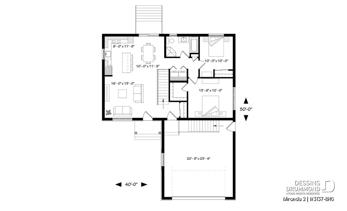 Rez-de-chaussée - Plan de bungalow abordable, walk-in chambre des maîtres, grand îlot à la cuisine, garage double - Miranda 2