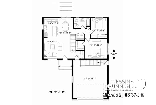 Rez-de-chaussée - Plan de bungalow abordable, walk-in chambre des maîtres, grand îlot à la cuisine, garage double - Miranda 2