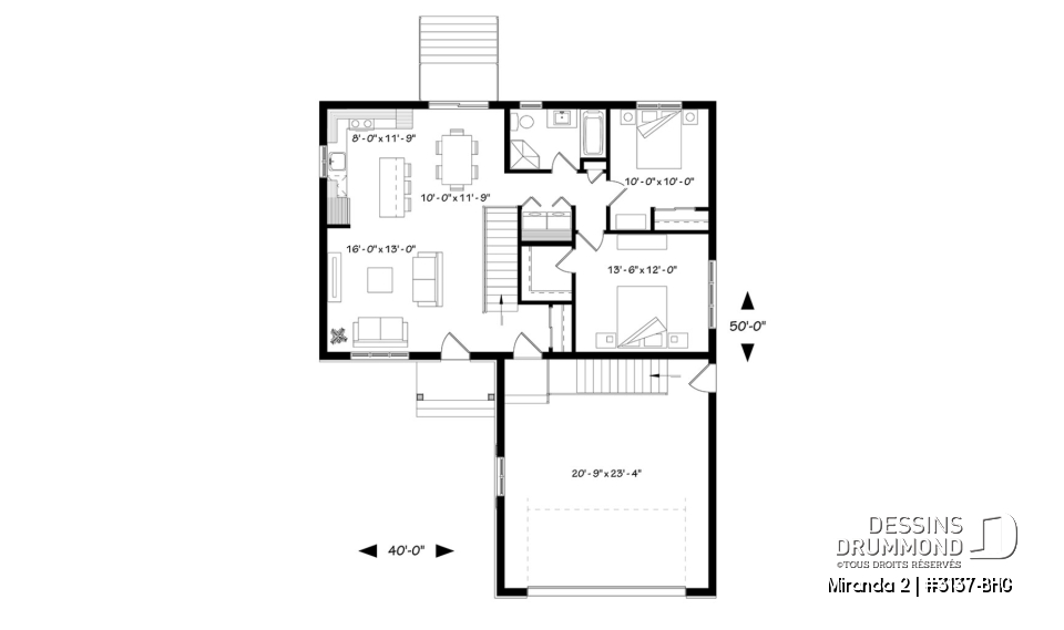 Rez-de-chaussée - Plan de bungalow abordable, walk-in chambre des maîtres, grand îlot à la cuisine, garage double - Miranda 2