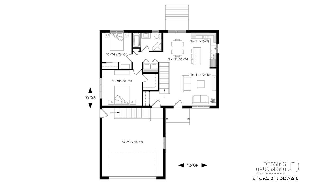 Rez-de-chaussée - Plan de bungalow abordable, walk-in chambre des maîtres, grand îlot à la cuisine, garage double - Miranda 2