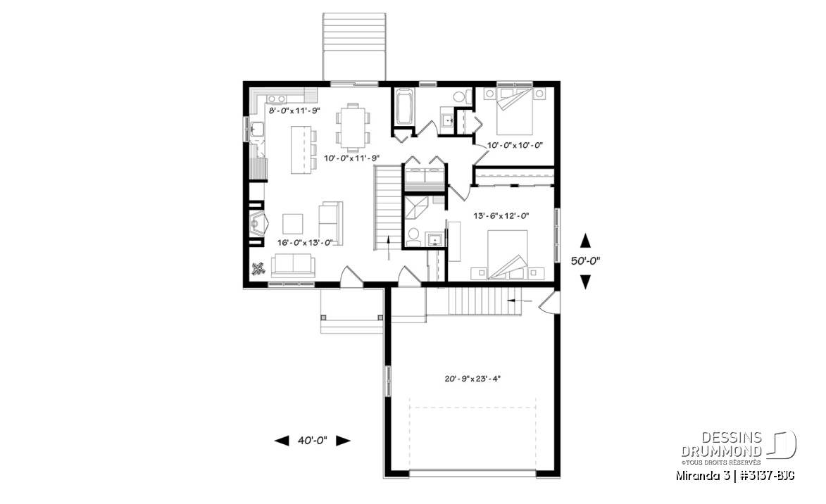 Rez-de-chaussée - Plan de plain-pied avec garage double, douche privée à la chambre des maîtres, grand îlot à la cuisine, foyer - Miranda 3