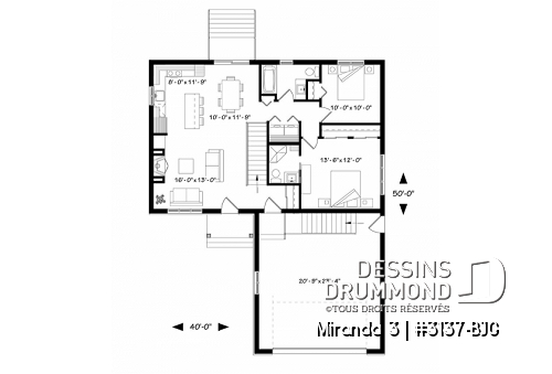 Rez-de-chaussée - Plan de plain-pied avec garage double, douche privée à la chambre des maîtres, grand îlot à la cuisine, foyer - Miranda 3