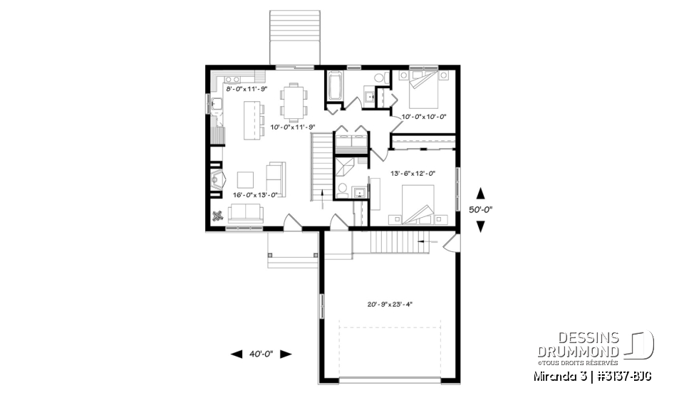 Rez-de-chaussée - Plan de plain-pied avec garage double, douche privée à la chambre des maîtres, grand îlot à la cuisine, foyer - Miranda 3