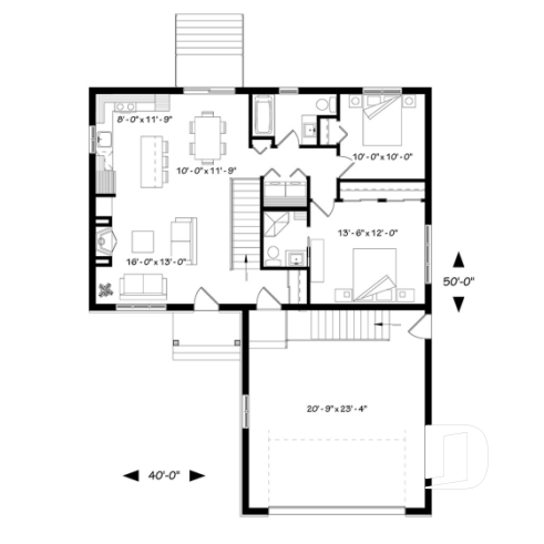 Rez-de-chaussée - Plan de plain-pied avec garage double, douche privée à la chambre des maîtres, grand îlot à la cuisine, foyer - Miranda 3