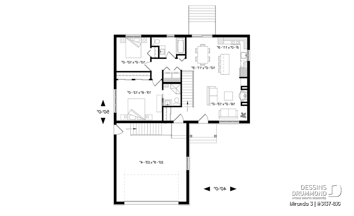 Rez-de-chaussée - Plan de plain-pied avec garage double, douche privée à la chambre des maîtres, grand îlot à la cuisine, foyer - Miranda 3