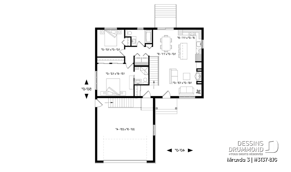 Rez-de-chaussée - Plan de plain-pied avec garage double, douche privée à la chambre des maîtres, grand îlot à la cuisine, foyer - Miranda 3