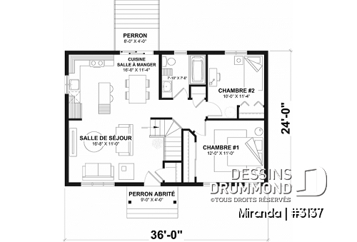 Rez-de-chaussée - Plan plain-pied économique, style champêtre rustique, 2 chambres, espace ouvert, grand îlot cuisine - Miranda