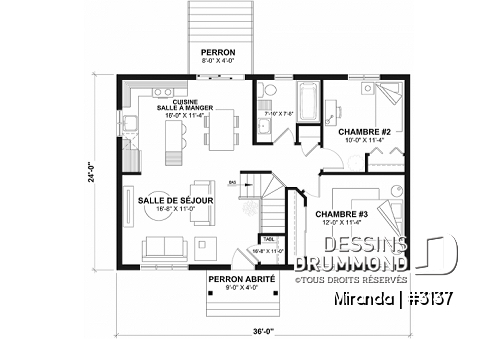 Rez-de-chaussée - Plan plain-pied économique, style champêtre rustique, 2 chambres, espace ouvert, grand îlot cuisine - Miranda