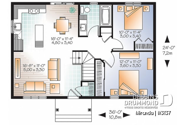 Rez-de-chaussée - Plan plain-pied économique, style champêtre rustique, 2 chambres, espace ouvert, grand îlot cuisine - Miranda