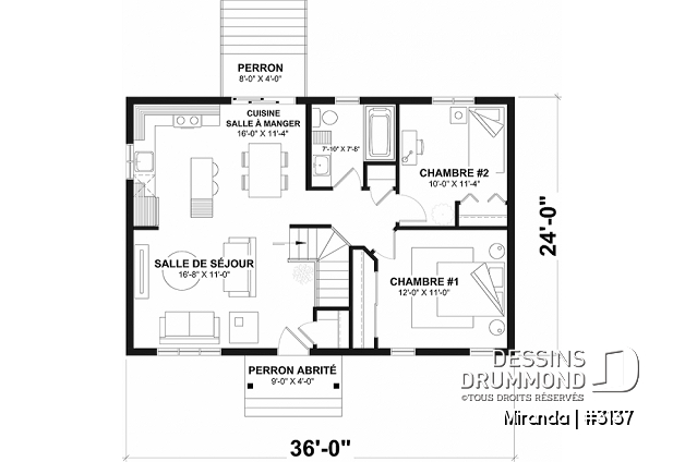 Rez-de-chaussée - Plan plain-pied économique, style champêtre rustique, 2 chambres, espace ouvert, grand îlot cuisine - Miranda