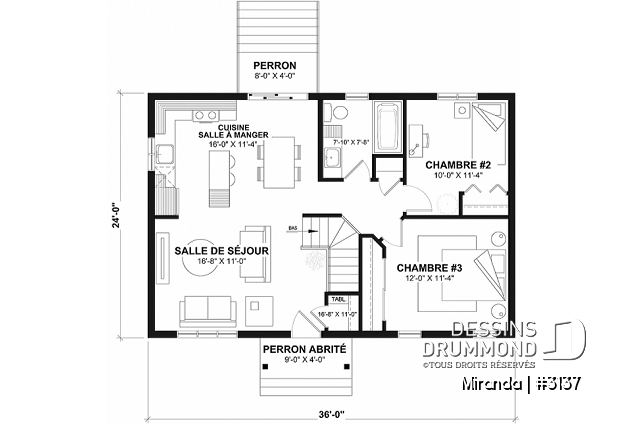 Rez-de-chaussée - Plan plain-pied économique, style champêtre rustique, 2 chambres, espace ouvert, grand îlot cuisine - Miranda