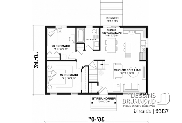 Rez-de-chaussée - Plan plain-pied économique, style champêtre rustique, 2 chambres, espace ouvert, grand îlot cuisine - Miranda