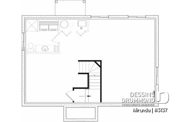 Sous-sol - Plan plain-pied économique, style champêtre rustique, 2 chambres, espace ouvert, grand îlot cuisine - Miranda
